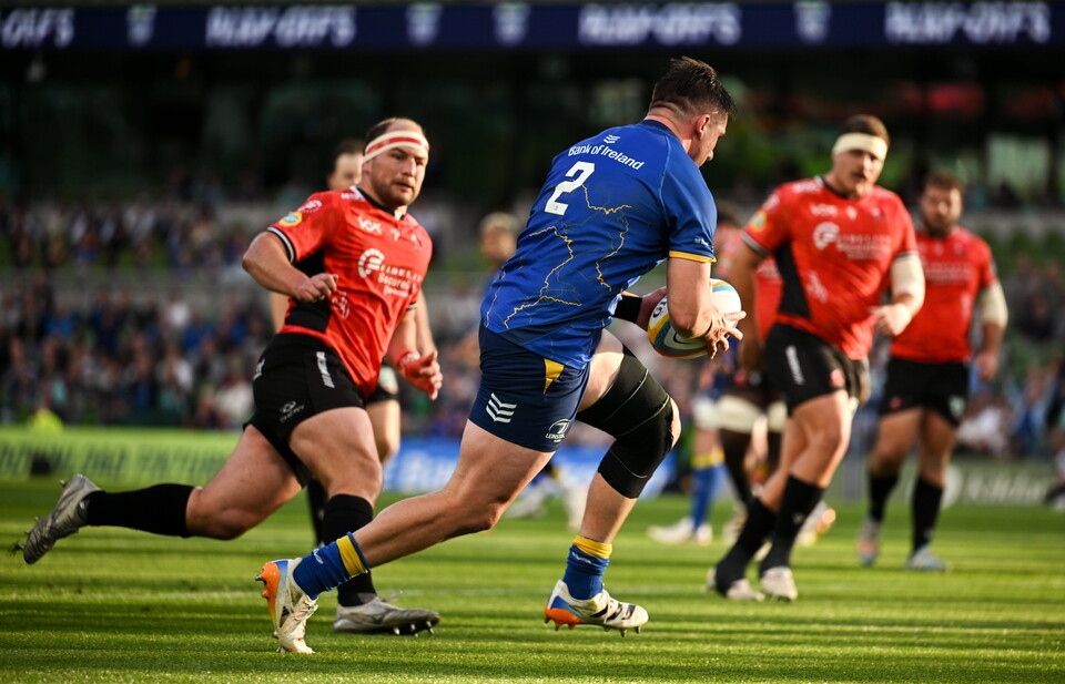 Dan Sheehan races over for a Leinster try