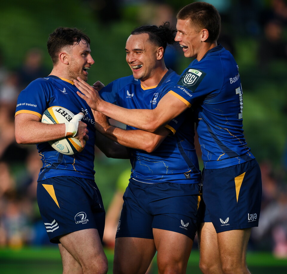 James Lowe and Sam Prendergast congratulate Hugo Keenan