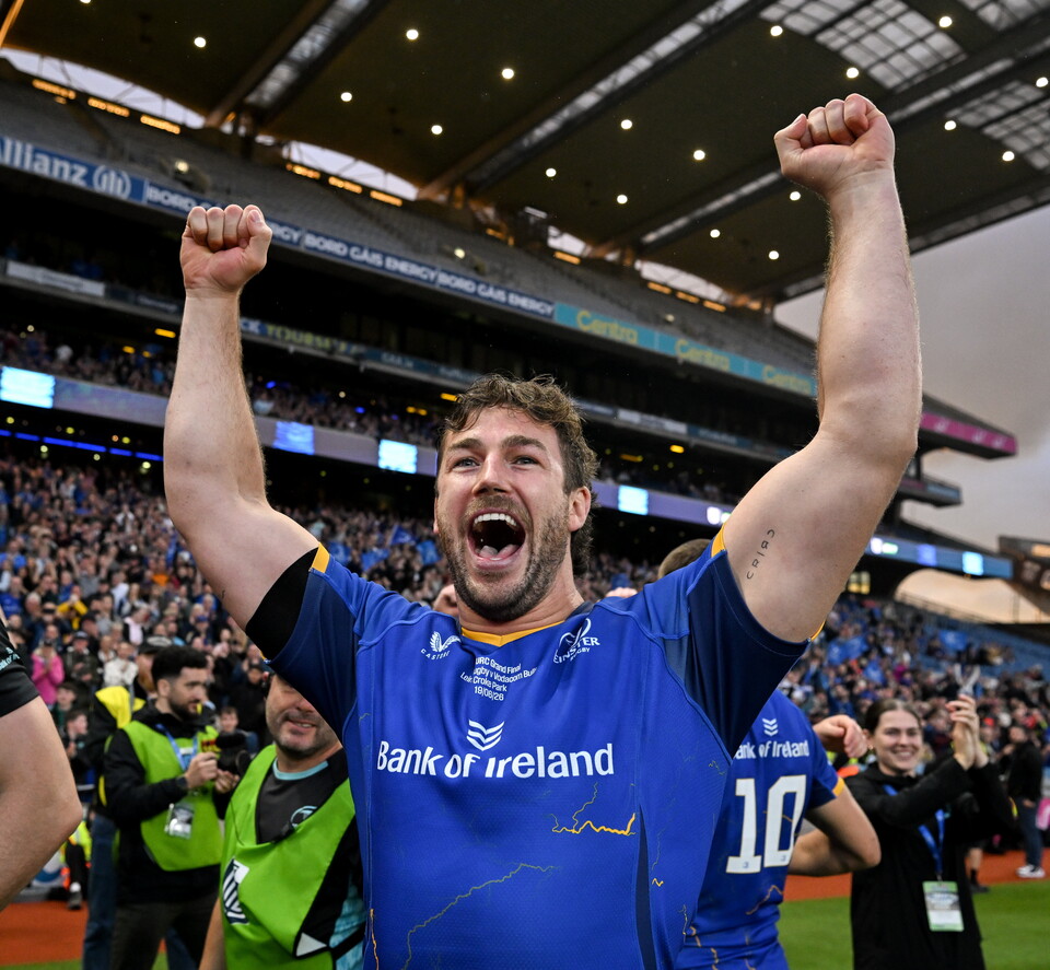 Leinster captain Caelan Doris celebrates