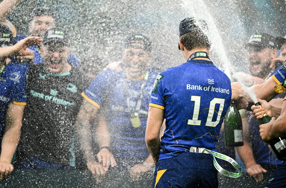 Sam Prendergast celebrates with his Leinster team-mates