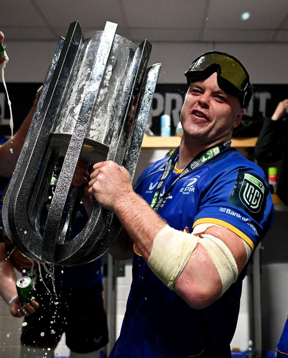 James Ryan celebrates with the URC trophy