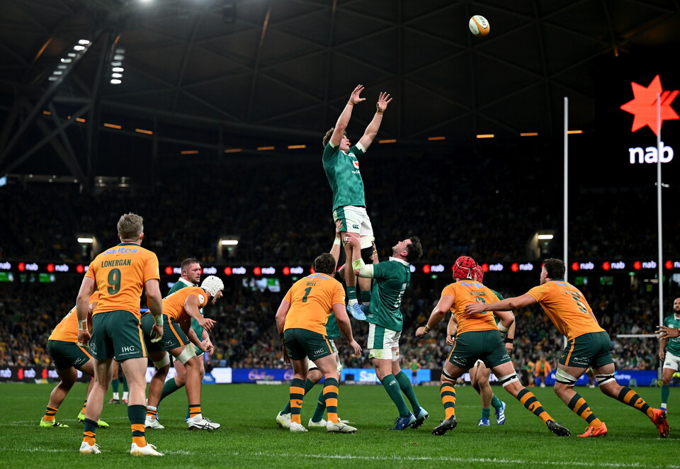 Cian Prendergast in lineout action against Australia