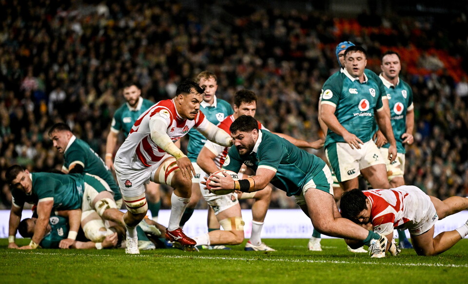 Tom O'Toole reaches out to score for Ireland