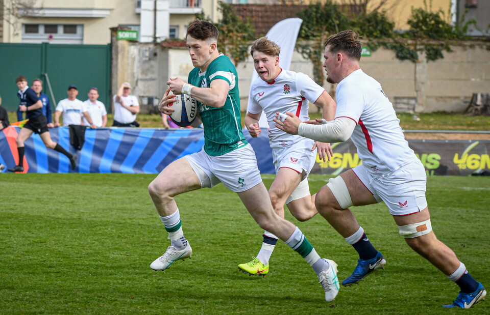Luke Coffey makes a break for the Ireland Schools team