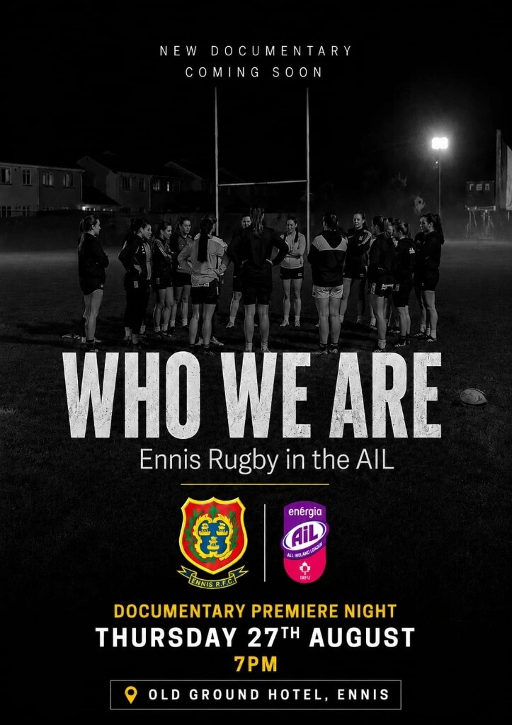 A graphic to promote a screening on Ennis Rugby on August 27th in Old Ground Hotel in Ennis