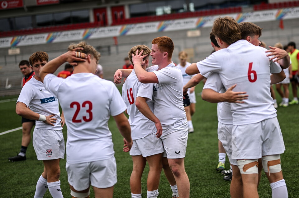 The Ulster U-18 Schools players celebrate at Affidea Stadium