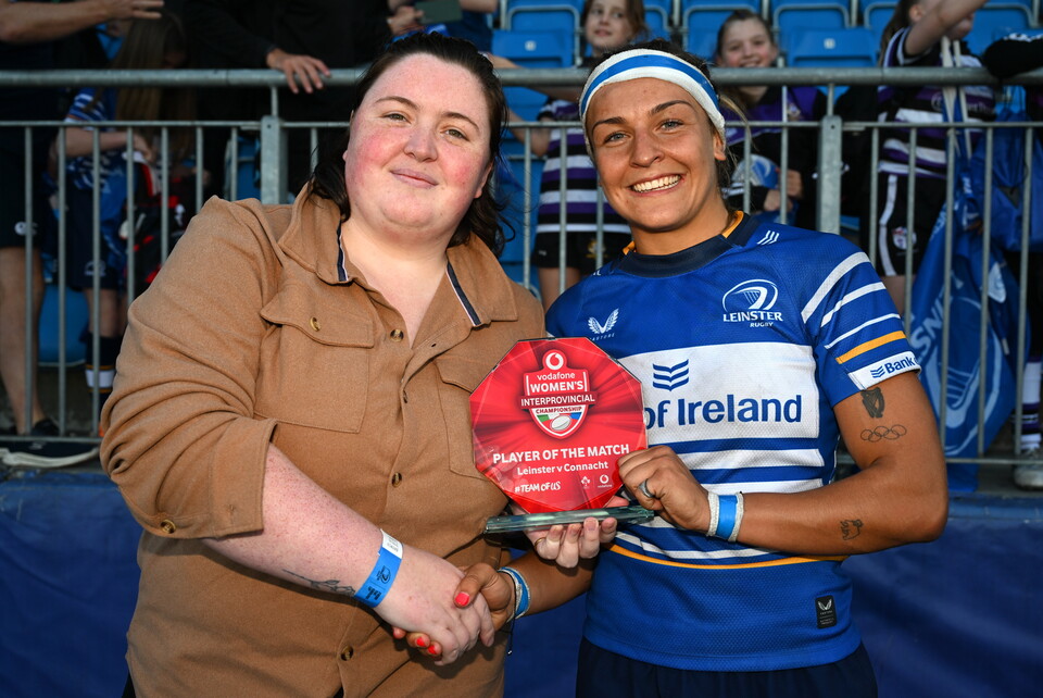 Erin King receives her Vodafone player-of-the-match award