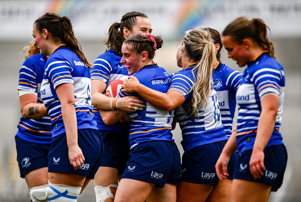 Try scorer Katie Whelan is congratulated by her Leinster team-mates