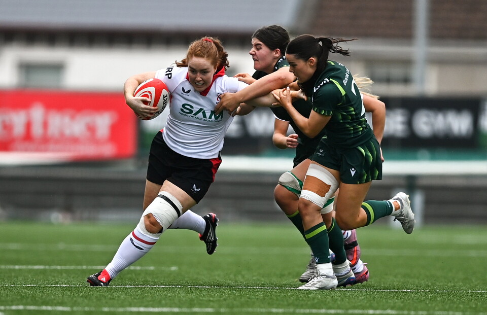 Ulster's Ella Durkan takes on Jemima Adams Verling and Emily Foley
