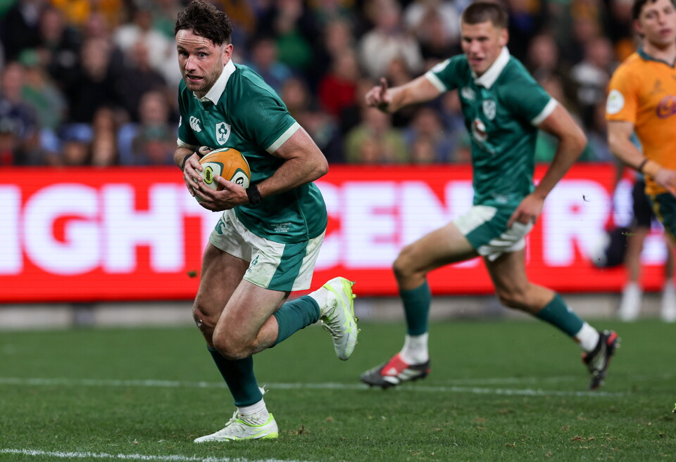 Hugo Keenan on his way to scoring against Australia