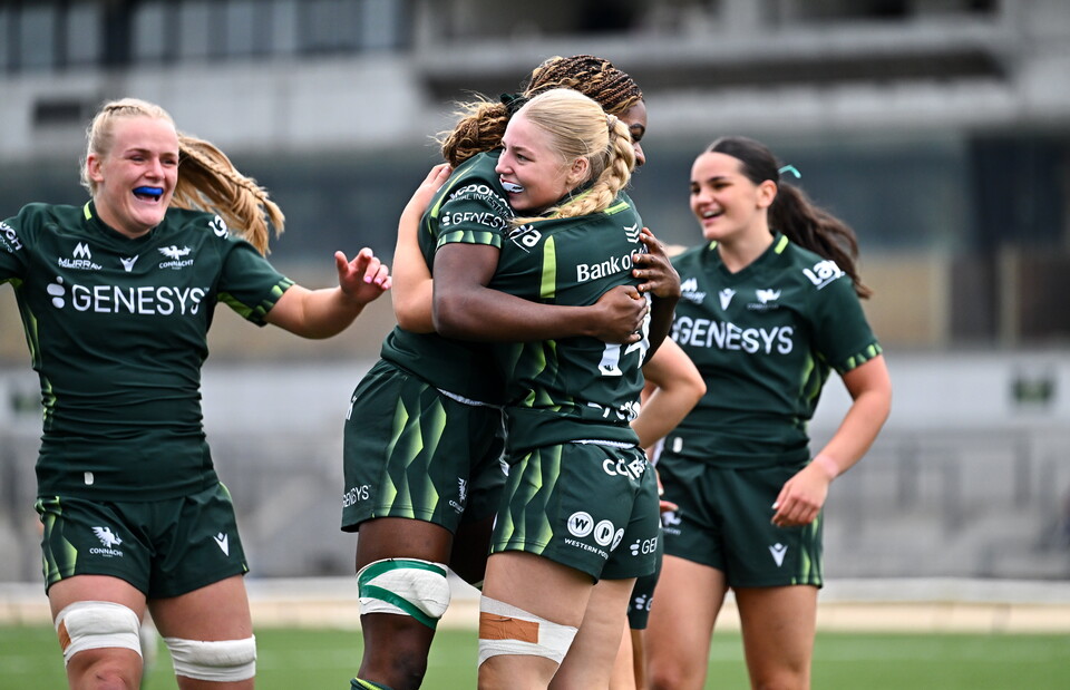 Faith Oviawe celebrates with Aoife Heaney after she scored for Connacht