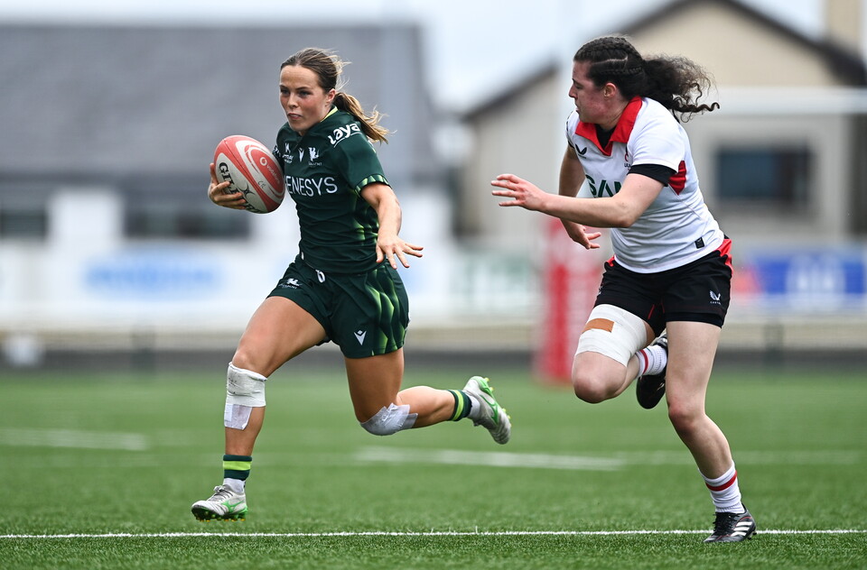 Connacht co-captain Aoibheann Reilly takes on Ulster's Abby Moyles