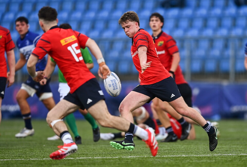 Munster Under-19 out-half Alan Cleary puts boot to ball