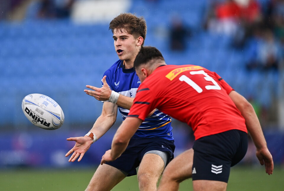 Leinster Under-19 out-half Harrison McMahon throws a pass