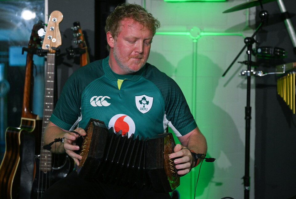 Cormac Begley performing at the Ireland kit launch