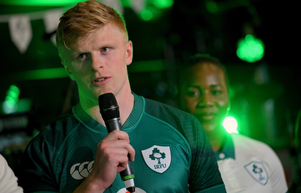 Tommy O'Brien talking at the Ireland kit launch for 2026/27