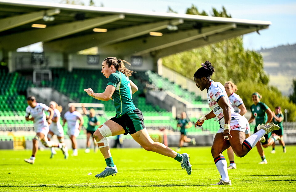 Eve Higgins races clear to score a try for Ireland