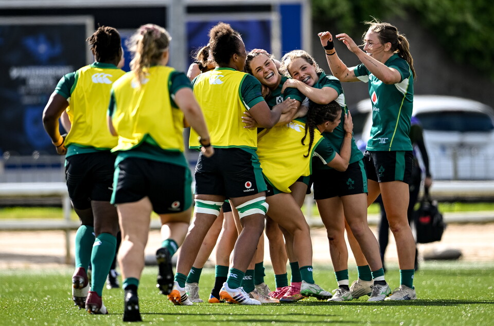 Try scorer Béibhinn Parsons is congratulated by her team-mates