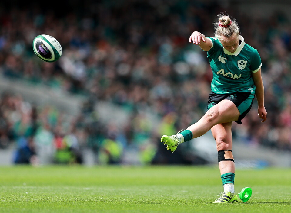 Dannah O'Brien kicks a conversion at the Aviva Stadium