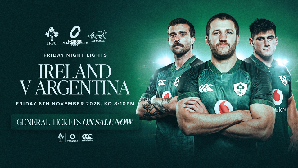 Ireland rugby players in green jerseys pose for a poster promoting an upcoming match against Argentina.
