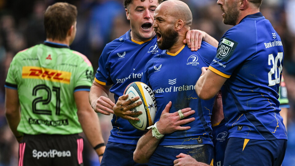 Jamison Gibson-Park celebrates after scoring for Leinster