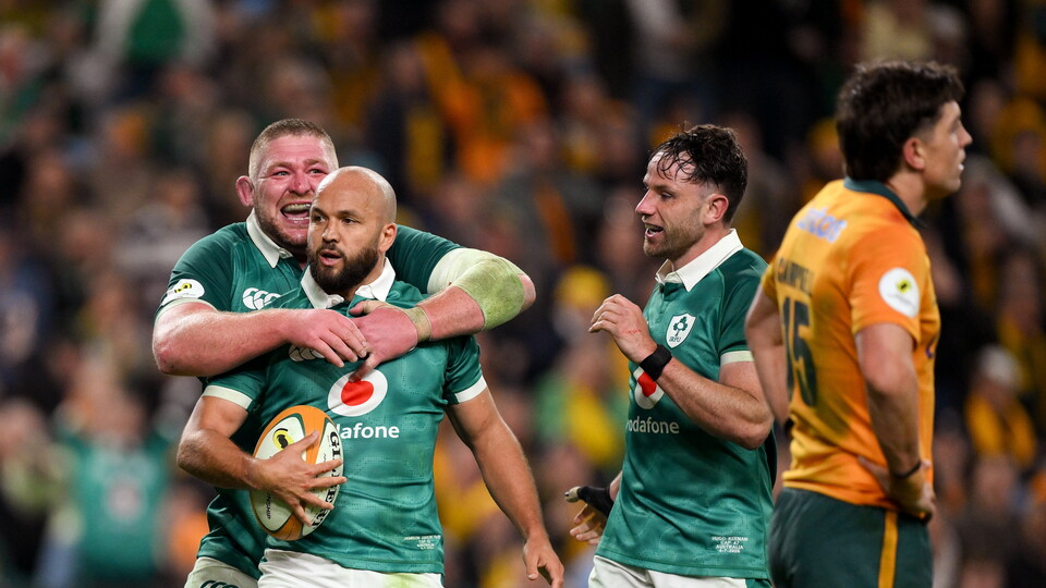 Try scorer Jamison Gibson-Park is congratulated by Tadhg Furlong