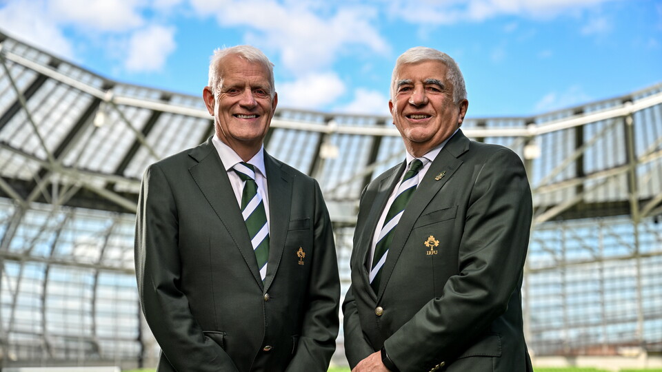 Image of incoming IRFU Chair Stephen Black and IRFU President 2026/27 Tony O'Beirne pictured in Aviva Stadium