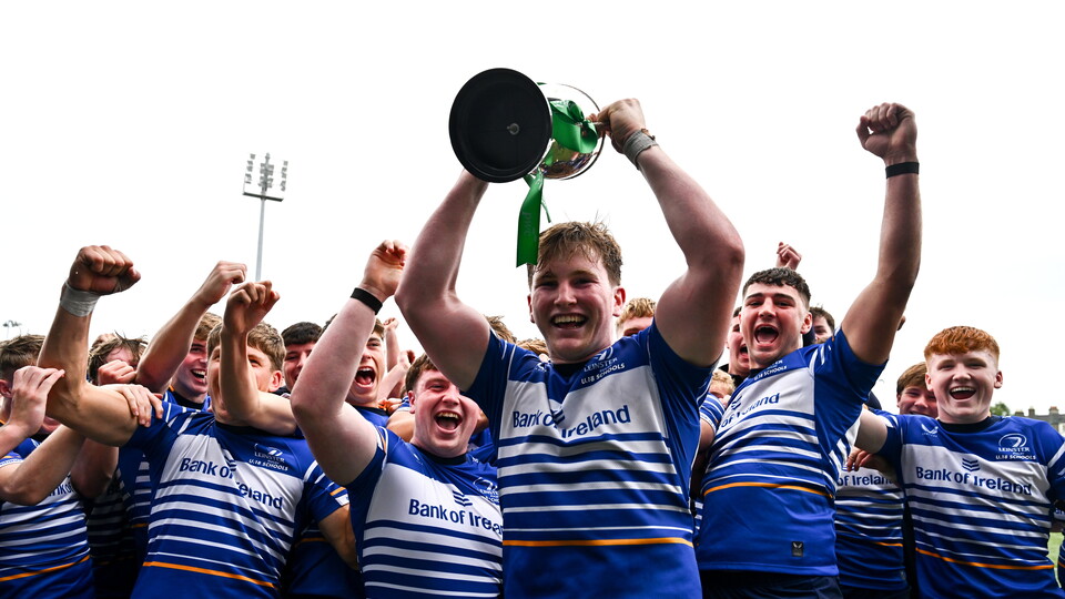 Leinster captain Hugh Keaney lifts the U-18 Schools Interprovincial trophy