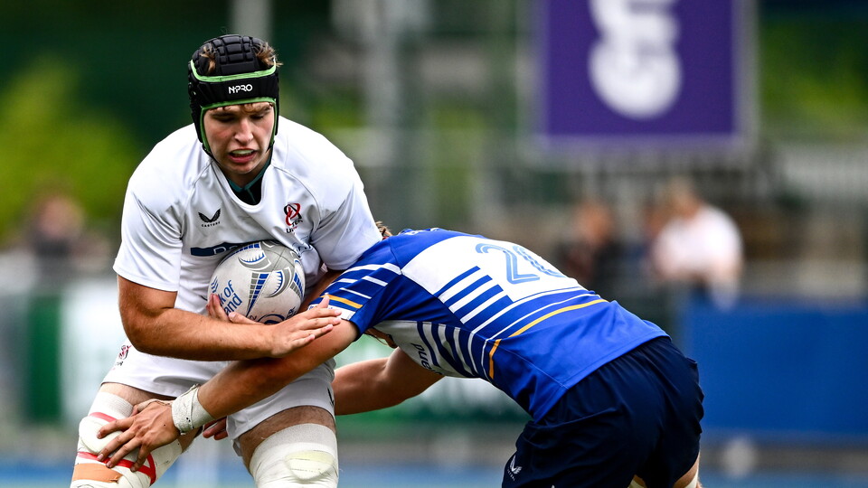 Ulster's Elijah Fitzpatrick is tackled by Leinster U-18 Schools replacement George Eggers