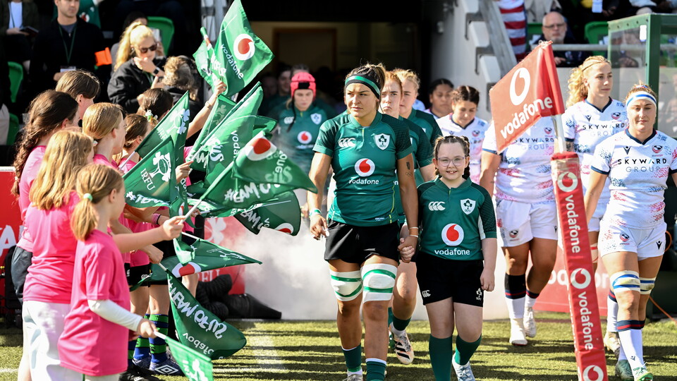 Erin King leads the Ireland team out in Tallaght