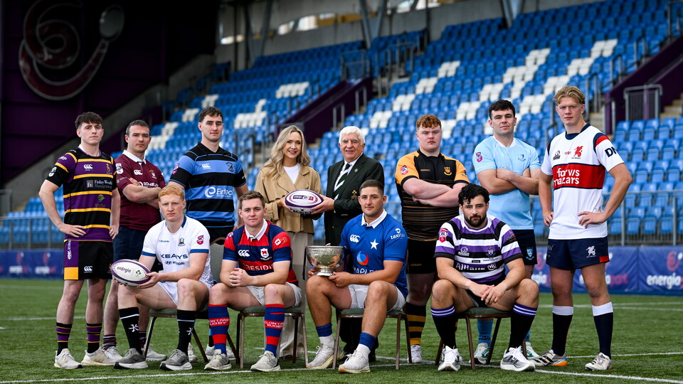 Men's players in attendance at the launch of the Energia AIL along with  Energia sponsorship and events manager Lorna Danaher and IRFU president Tony O'Beirne
