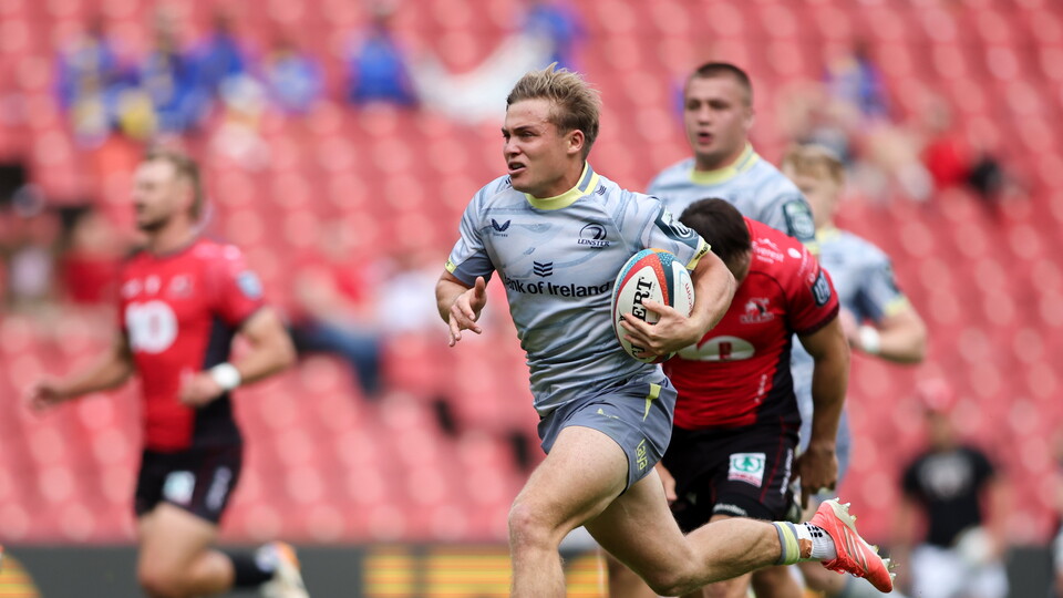 Fintan Gunne runs in his third try for Leinster against the Lions