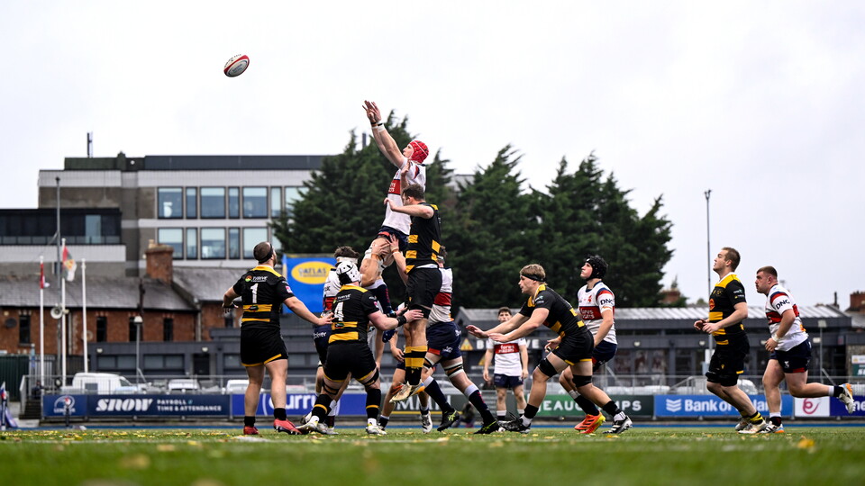 David Maher rises highest to a lineout for Old Wesley