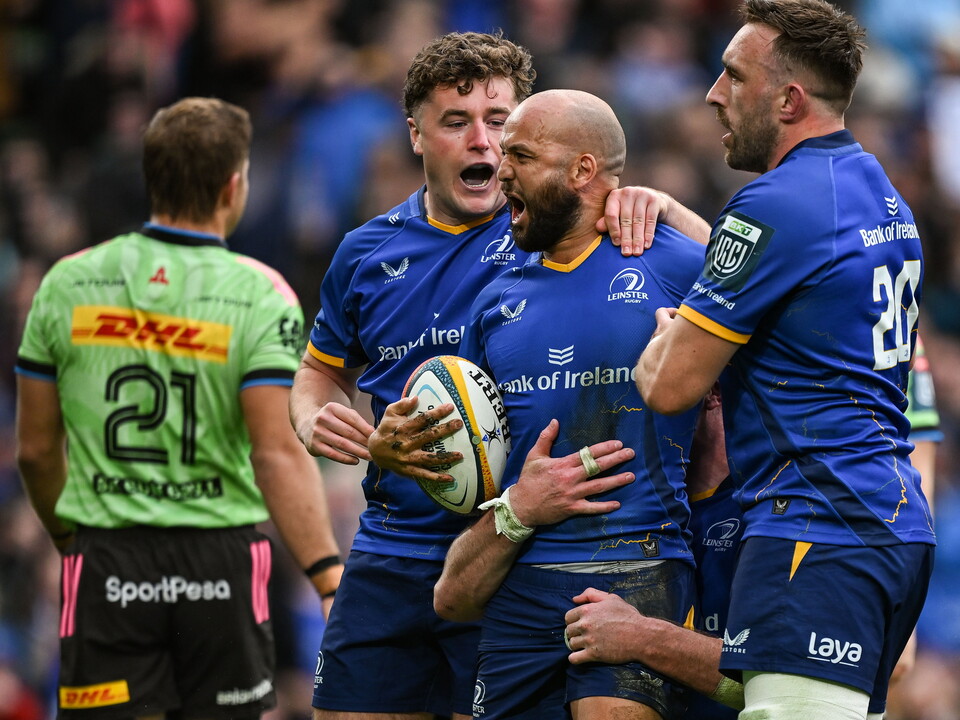 Jamison Gibson-Park celebrates after scoring for Leinster