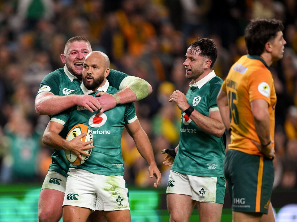 Try scorer Jamison Gibson-Park is congratulated by Tadhg Furlong