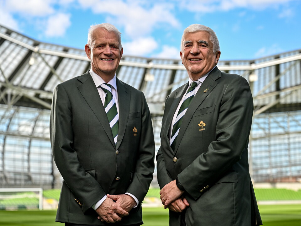Image of incoming IRFU Chair Stephen Black and IRFU President 2026/27 Tony O'Beirne pictured in Aviva Stadium
