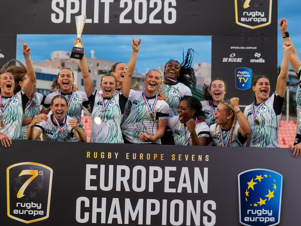 Megan Burns lifts the trophy as the Ireland Women celebrate in Split