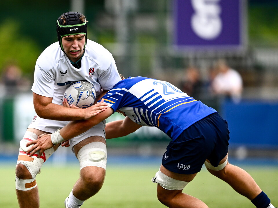 Ulster's Elijah Fitzpatrick is tackled by Leinster U-18 Schools replacement George Eggers